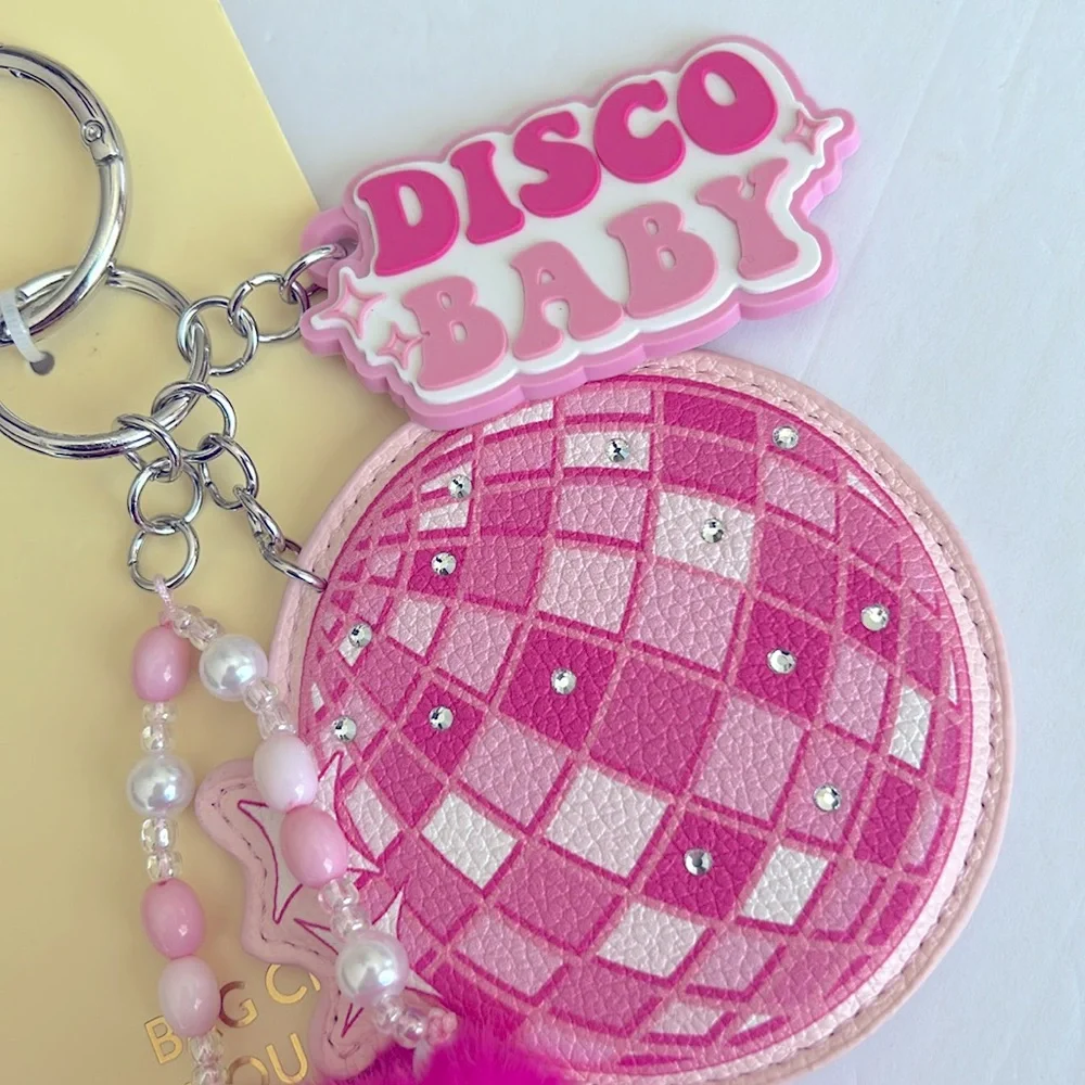 Pink Disco Baby pop art Handbag Charm/Keychain with furry Pom Poms